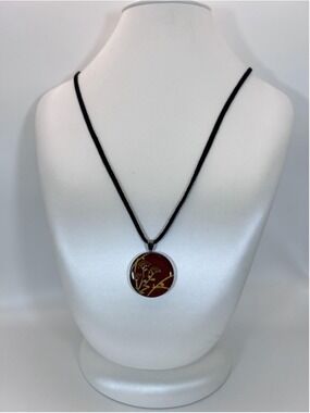 Necklace Red Glass Round Flower Pendant Black Cord Nature Lobster Clasp 12 In